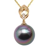 Charmante Halskette aus einer 12mm runden pfauengrünen Tahiti-Perle, mit einer 18 Karat Goldkette mit Geschenkbox