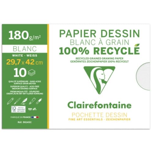 Lot de 10 Pochette de 10 feuilles de Papier Dessin blanc à Grain recyclé, 180 g/m², A3