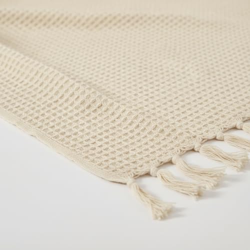 Image of Cotton Handloom Waffle Throw Blanket for Sofa & Bed | Soft Lightweight Beige Decorative Throw with Tassels | All-Season Couch & Bed Throw (125x150 cm)