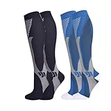 Calze a compressione muscolare da uomo e da donna, 2 paia di calzini estivi professionali sottili traspiranti, calze di sostegno e compressione per lavorazioni in piedi, volo e sport, blu + nero