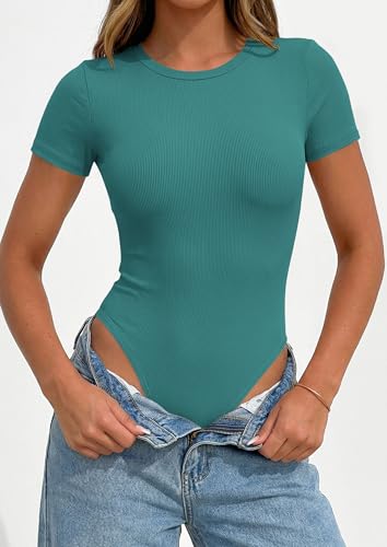 PRETTYGARDEN Body Suits for Womens Short Sleeve Summer Tops | Stretchy Ribbed Knit Bodysuit, Slim Fit Basic Tee, Casual T Shirts, Spring Layering Clothes for Office, Going Out, Travel — view 5
