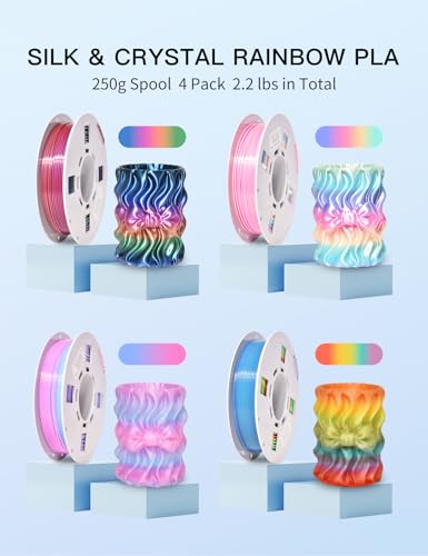 Image of PINBALL Silk Rainbow & Crystal Rainbow PLA Filament 1.75mm, 3D Printer Filament Fast Color Change, Fit Most FDM Printers, 250g Spool, 4 Rolls