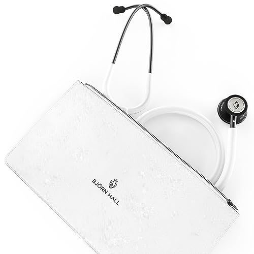 Matte Black White Clinical Stethoscope & Case | Pediatric EMT LPN CNA & Respiratory Therapist | Length 26in | Perfect Nurse Kit | Bag Can Fit Name Tag Charms & Pen Light | White Tubing MBW