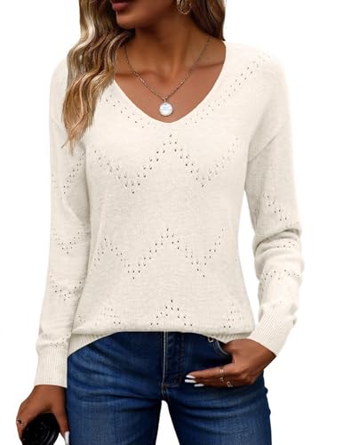 Image of Zeagoo Womens Sweaters Fall Trendy Casual Long Sleeve Shirt Lightweight V Neck Off Shoulder Crochet Pullover Top Outfit
