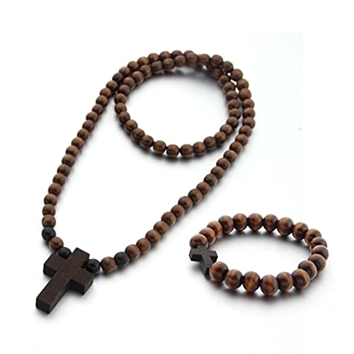 COLORFUL BLING Classic Natural Wood Beads Cross Pendant Necklace for Men Women Religious Rosary Jewelry Handmade Prayer Accessories (set dark) - Thumbnail 2