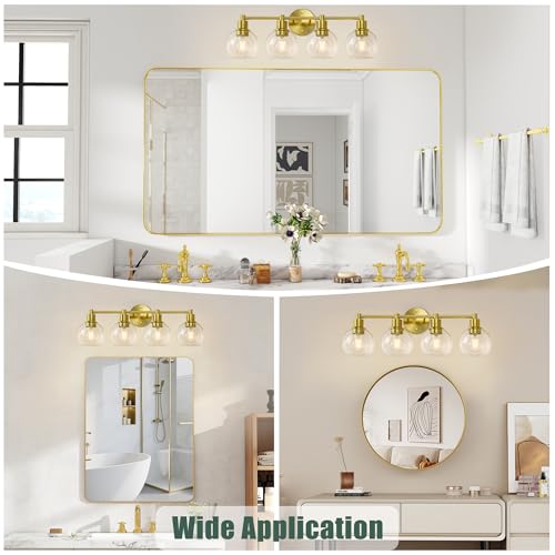 Image of 4 Light Bathroom Light Fixtures, Brushed Brass Bathroom Vanity Lights, Modern Vanity Lights 4-Light Globe Bathroom Vanity Lighting Fixture Over Mirror