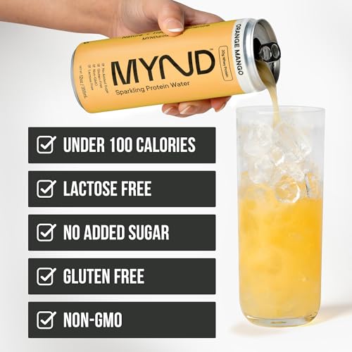 Image of MYND Sparkling Protein Water, Clear Protein Drink - 20g Whey Protein Isolate Per Can, 12 Pack - Lactose Free, Gluten Free, No Added Sugar - Ready-to-Drink Carbonated Protein Drinks - Orange Mango