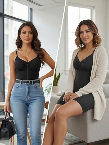 SHAPERX Shapewear Bodysuit Bauchkontrolle Nahtlos Body Shaper Mid-Thigh mit Reißverschluss & Haken Verstellbare Träger Figurformend für Alltag & Party, UK-SZ5862-Black-L/XL