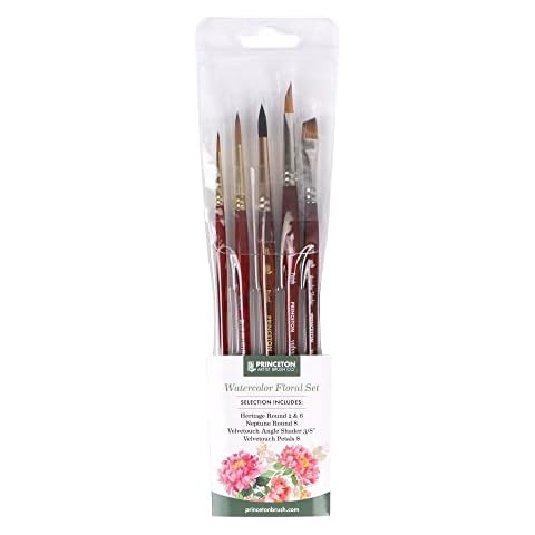 Princeton Artist Brush Co. Watercolor Floral Set - 5pc Short Handle Selection of Synthetic Watercolor Brushes - Petals Angle Shader and 3 Round Watercolor Paint Brushes for Floral Painting Techniques Cover