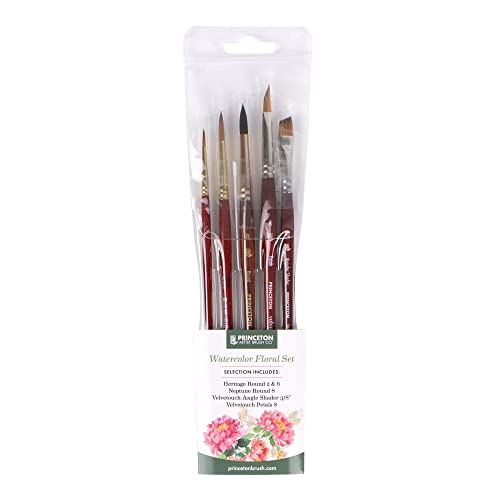 Princeton Artist Brush Co. Watercolor Floral Set - 5pc Short Handle Selection of Synthetic Watercolor Brushes - Petals Angle Shader and 3 Round Watercolor Paint Brushes for Floral Painting Techniques