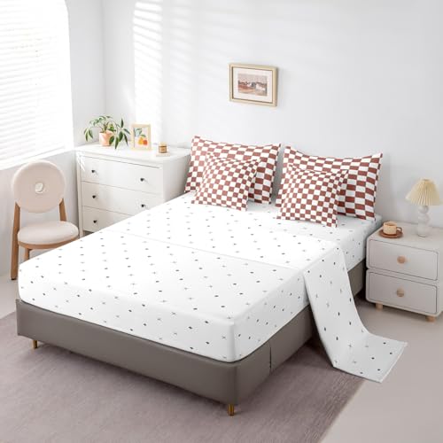 Image of Erosebridal Checkered King Bed in A Bag 7 Piece White Light Caramel Checkerboard Bedding Set,Buffalo Plaid Grid Comforter Set with Sheets for Kids Teen Adults Aesthetic Geometric Gingham Bed Set