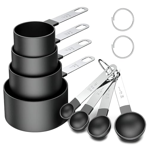 8 Stück Messlöffel Set, Cup Messbecher Set Edelstahl für Messen Flüssigkeiten und Feststoffe mit 4 Measuring Cups und spoons, Messwerkzeug von Küchen, Dosierlöffel Küchengeräte (Schwarz)