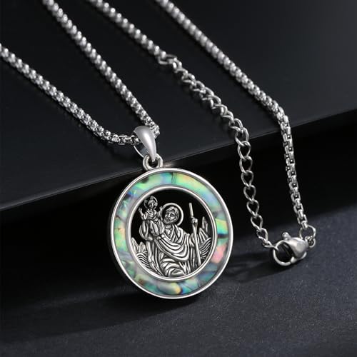 Cuoka St Christopher Necklace Sterling Silver Abalone Saint Christopher Pendant Necklaces St.Christopher Medal Religious Protection Protect Us Holy Amulets Jewelry Gifts for Men Father3
