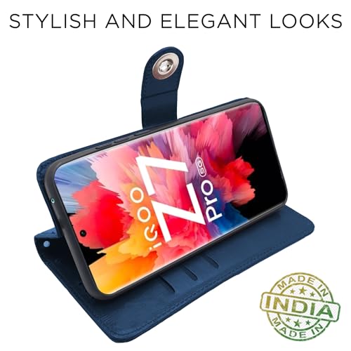 Image of Pikkme iQOO Z7 Pro 5G Flip Cover Leather Finish | Inside TPU with Card Pockets | Wallet Stand and Shock Proof | Complete Protection Button Flip Case for iQOO Z7 Pro 5G (Blue)