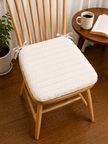 Image of Amazon Brand - Umi Ivory White Faux Fur Chair Seat Cushions, 16x16 Inch Solid Fluffy Dining Chair Pads with Ties, Foam-Filled Bright Kitchen & Vanity Chair Pads, Set of 2
