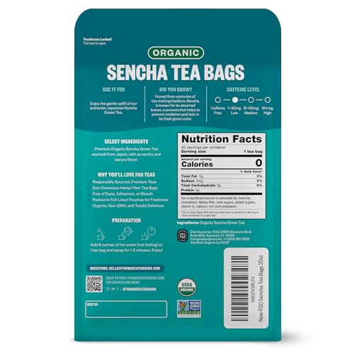 Image of FGO Organic Japanese Sencha Green Tea, 20 Count, Eco-Conscious Tea Bags, Resealable Bag, Packaging May Vary (Pack of 1)