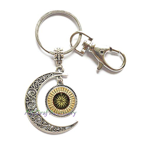 Compass time gem Key Ring Moon Keychain in Europe and New Glass gem Moon Keychain,T0001