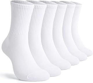 PLUSOX Long Socks 6 Pairs Crew Socks Men Women Sports Socks Tennis Socks Hiking Socks Cotton WHITE