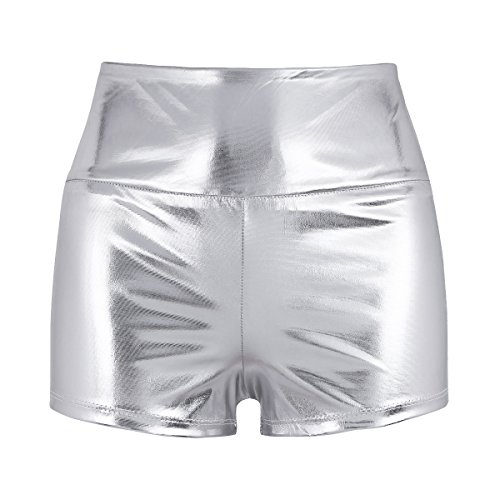ACSUSS Women's Shiny Metallic High Waist Booty Shorts Wetlook Dance Bottoms Silver Small