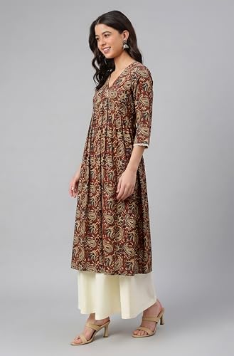 Image of Janasya Women's Pure Cotton Floral Printed Flared Kurta