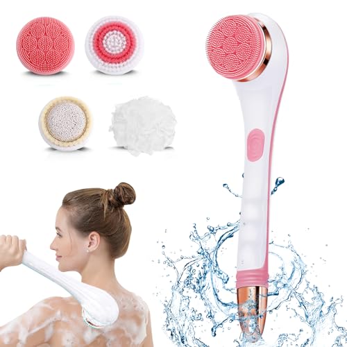 SUUWEE Back Scrubber Body Brush, Electric Body Scrubber Set, Back Scrubbers for Use in Shower, USB Rechargeable Back Brush Shower Brush with Long Handle Deep Cleaning Relaxing (Pink)