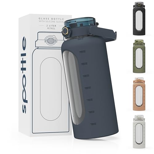 spottle 2 L Glass Water Bottle with Straw – Large 2L Water Bottle with Food-Grade Silicone Sleeve – Leak-Proof, Dishwasher Safe, BPA-Free