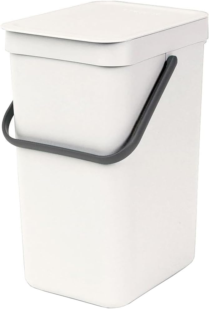 Brabantia Sort & Go Kitchen Recycling Can (3.2 Gal/White) Stackable Waste Organiser with Handle & Removable Lid, Easy Clean, Fixtures Included for Wall/Cupboard Mounting