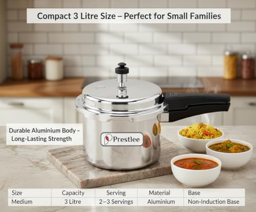 Image of Prestlee Aluminium 3 Litres Pressure Cooker | Outer Lid | Faster & Healthy Cooking | Gas Stove Compatible | ISI Certified | 5 Years Manufacturer's Warranty | Silver