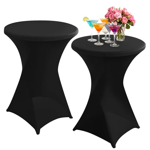 JSMTKJ Lot de 2 Housse Mange Debout, Housse de Table Ronde Extensible pour Bar Table de Banquet de Cocktail de Mariage (60 x 110 cm, Noir)