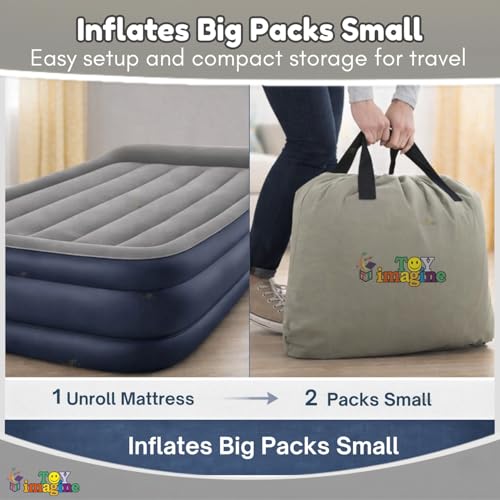 Image of Toy Imagine Fiber-Tech Deluxe Air Mattress Single Bed (39 x 75 x 16.5 Inches) Raised Inflatable Airbed with Built-in Pillow & Electric Pump | Soft Flocked Sleeping Surface