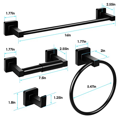 4-Pcs Bathroom Hardware Set, Matte Black Bathroom Hardware Set, 16In Towel Bar Set 304 Stainless Steel, Towel Rack Set Wall Mounted, Hand Towel Bars, Toilet Paper Holder, Towel Ring, Robe Towel Hook #TOP7