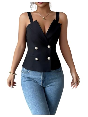 SweatyRocks Women's V Neck Button Front Tank Tops Elegant Sleeveless Work Vest Top