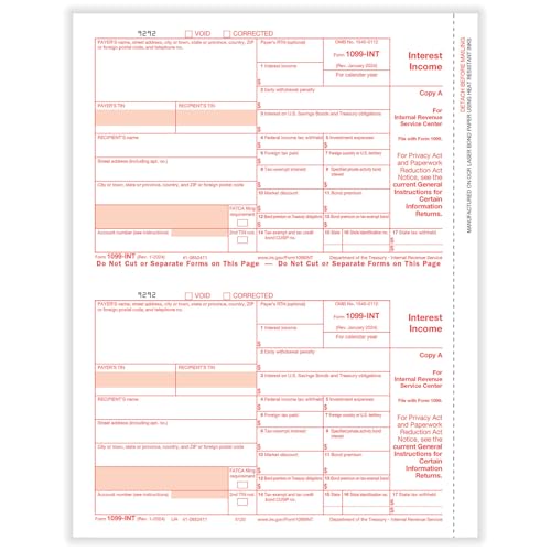 2025 1099-INT, 2-Up, Federal Copy A, IRS Approved Tax Forms,1099-INT. Forms for Filing, Pack of 100 End of Year 1099-INT. Forms.