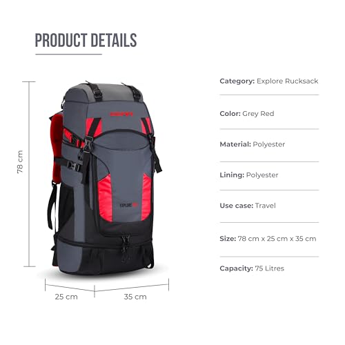 Image of Gear Explore 75L Extra Large Water Resistant Rucksack /Travel bag /For Men & Women(Grey - Red)