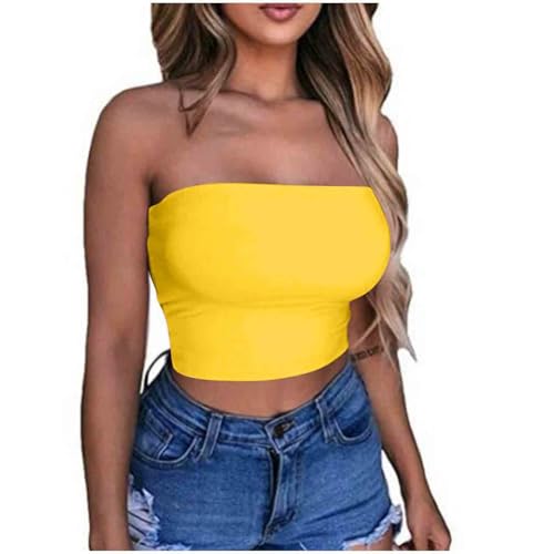 KOG Amazon Warehouse Deal Bandeau Top Damen Crop Tops Sexy Tube Top Frauen Sommer Y2k Aesthetic Clothes Off Shoulder Bauchfreie Trägerloser ärmellos Korsett Gutschein Amazon Gelb S