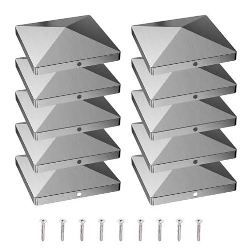 Stainless Steel Fence Post Caps, 10x10 cm Pack of 10 Post Caps 4 x 4inch, Decorative Fence Post Caps, Pyramid Shape, 304 stainless steel, Weatherproof for Garden (10x10 cm)