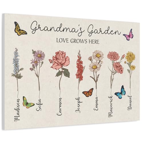 Personalized Mothers Day Gifts Canvas for Mom Grandma. Custom Birth Flower Gifts Wall Art. Customizable Birth Month & Name (Mom/Grandma's Garden)