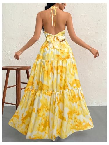 Image of SHENHE Women's Deep V Neck Tie Knot Backless Halter Dress A Line Flowy Ruffle Maxi Dress