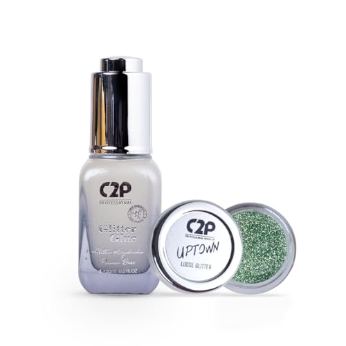 Image of C2P Pro Sparkle Duo Glitter and Glue Kit - Eyeshadow for Eye & Body Makeup | Waterproof, Quick-Drying for Stunning Shimmer Looks (Green Day 14)