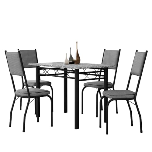 Conjunto Sala De Jantar Mesa Tampo Granito 1,20m Com 4 Cadeiras Diana Preto/Platina