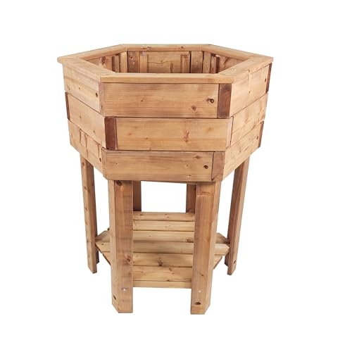 NATIV Hochbeet sechseckig | Pflanzkasten aus Holz in Wabenform | braun | Pflanzkübel mit Einlegefolie | zusätzliche Ablage für Gartengeräte | 56 x 67 x 80 cm