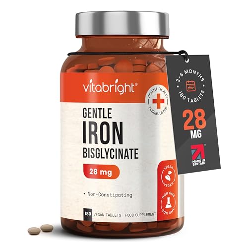 Iron Supplements for Women & Men | 28mg | 180 Gentle Iron Tablets | High Strength Ferrous Bisglycinate | Non Constipating | Supplements for Tiredness and Fatigue | VitaBright