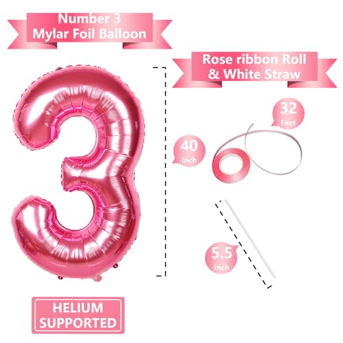 Image of 40 Inch Giant Hot Pink Number Balloon, Mylar Foil Helium Hot Pink Balloons for Birthday Party, Number 3 Balloon for Birthday Decorations, Hot Pink 3 Birthday Balloon