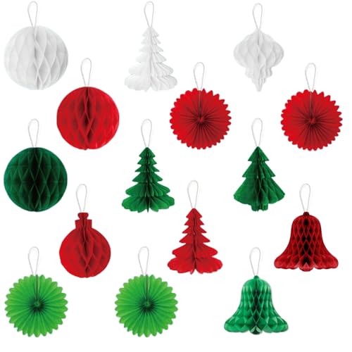 LIANRISES 15pcs Paper Christmas Tree Decorations, 3D Hanging Hat Bell Honeycomb Ball Paper Fans Kit Reusable
