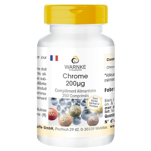 Chrome 200μg - 250 comprimés de 200μg chacun - à base de picolinate de chrome - DOSE ÉLEVÉE - Qualité pharmaceutique allemande - Végan | Warnke Vitalstoffe