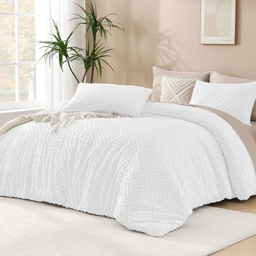 Image of Andency White Comforter Full Size, 3 Pieces Boho Lightweight Fluffy Bedding Comforter Set for Full Bed, Tufted Farmhouse Design Bed Set for All Seasons (1 Comforter 79x90In, 2 Pillowcases)