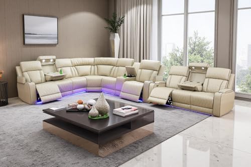 Image of Power Recliner Sectional Sofa Set with LED, Luxury Breathing Leather Reclining Corner Couch Set, 9 Seat L-Shaped Sofa Couch Set with 3 Seats Sofa, Cup Holders /Storage for Living Room