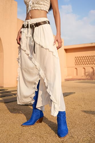 Image of iiimmu Cowgirl Boots Women Knee High Boots Pointed Toe and Block Heel Cowboy Suede and Faux Leather Boots with Embroidered