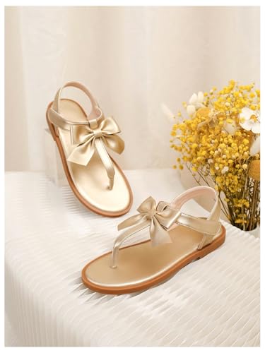 GORGLITTER Girl's Cute Bow Flat Sandals Metallic Gold Ankle Strap Thong Slides Toe Post Vacation Shoes3