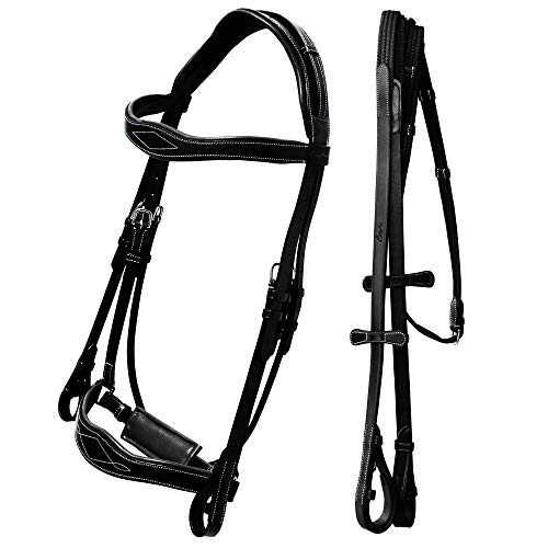 Exion Horse Dressage Bridle With Web Reins | Broad Anatomic Crownpiece, Crank Noseband & Browband & Reins with Hand Stoppers | Dressage Bridles For Horses